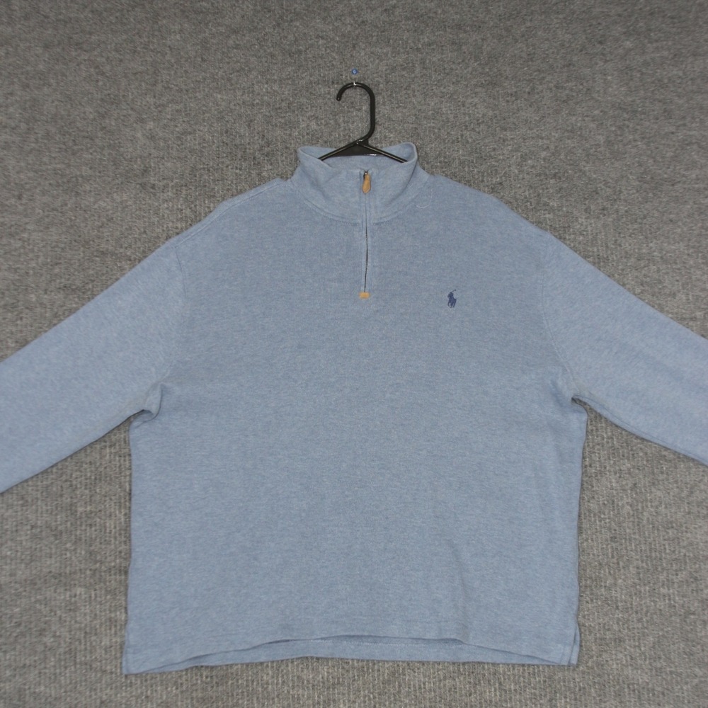 Polo Ralph‎ Lauren Sweater Mens XL Light Blue Cotton Quarter Zip Mock Neck Heavy
